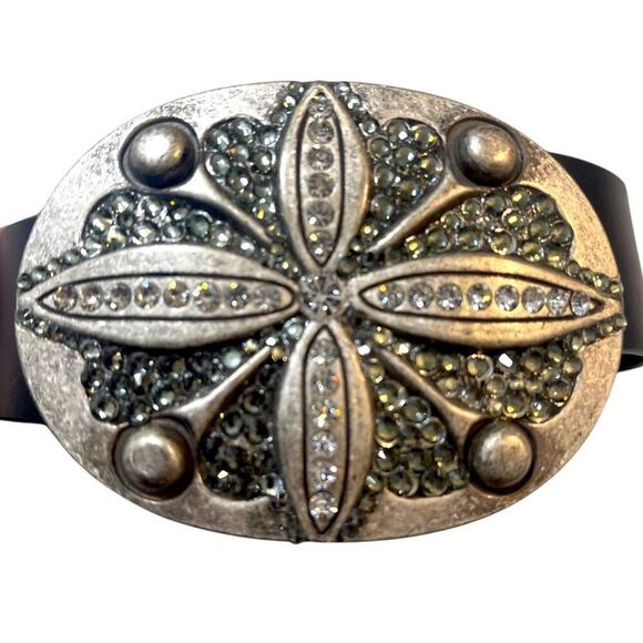 Black Genuine Leather Belt Silver Ornate Rhinestone Buckle Size 1X main image 4